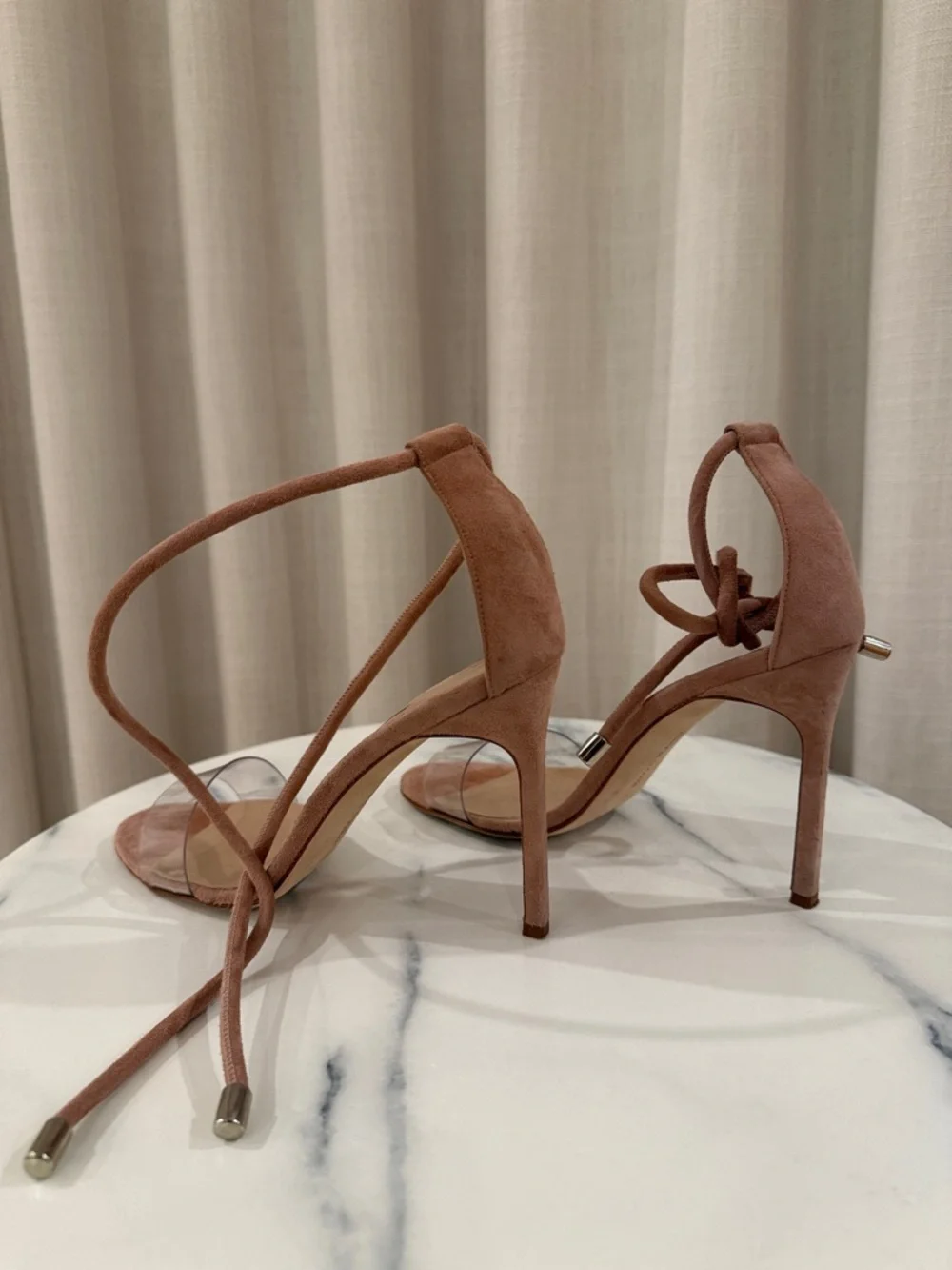 Manolo Blahnik Tan Suede & Clear PVC Ankle-Tie Sandals - Picture 5 of 8